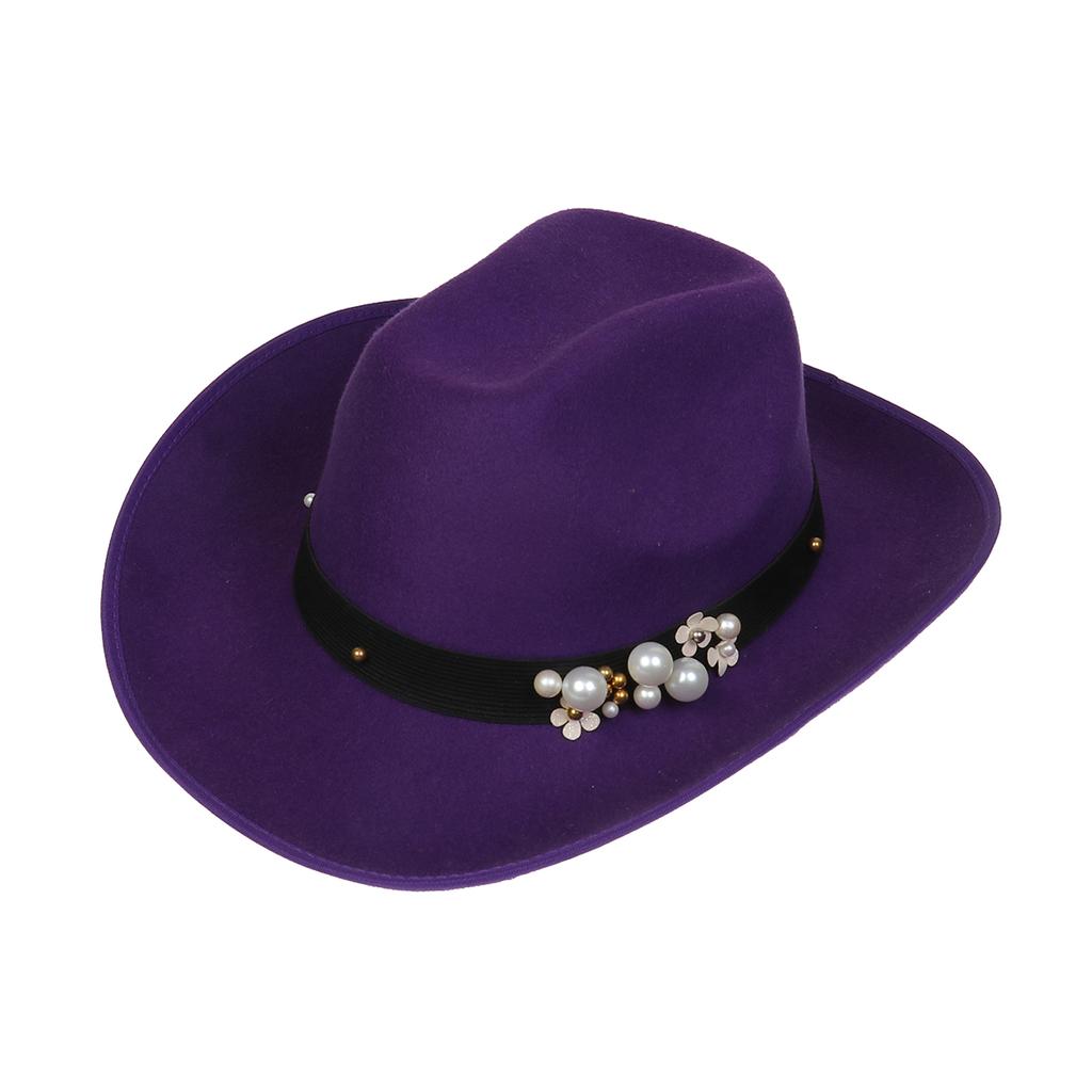 Unisex Western Cowboy Hat Wide Brim Roll‑Up Brim Double‑Top Felt Fedora Hat,10 Colors,Multiple Optional Detachable Hat Bands