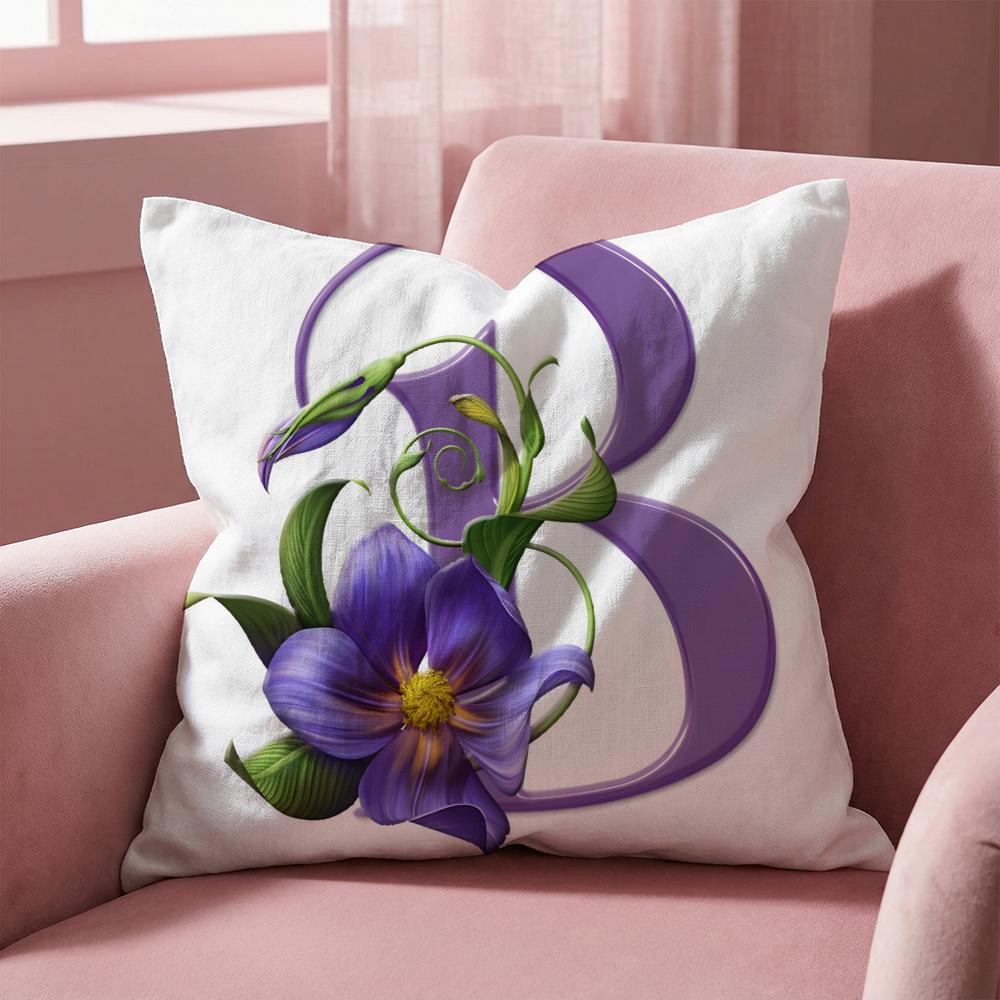 Simple Purple Flower Letters Cushion Cover Multi-Scene Pillow Cover for Home & Car - Reversible, Soft & Durable for Daily Use