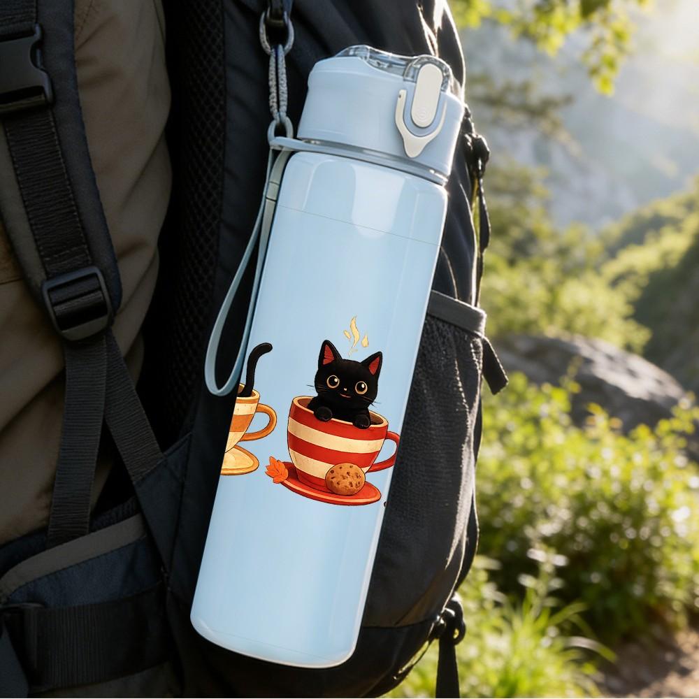 1PC Three Cats Tea Time Cartoon Print 750ml Color Plastic Sports Water Bottle Leakproof Flip Straw Lid Suitable for Sports Office Home Use
