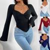 2024 European & American Women's V-neck Bell Sleeve Fitted Waist Irregular Knit Long Sleeve T-shirt