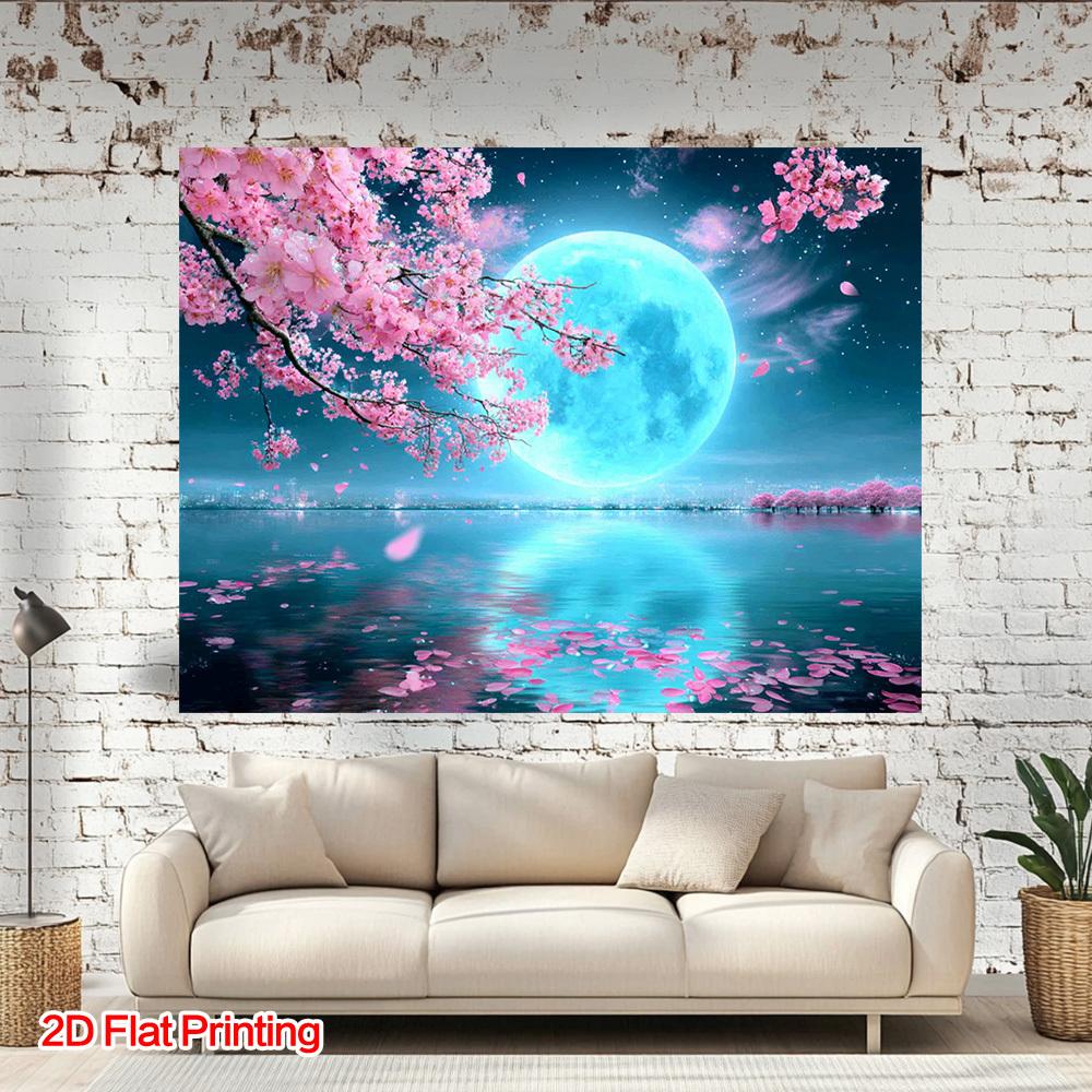 2D Plane the Cherry Blossom Lake Scenery Under the Moonlight Is Very Suitable for Both Indoor and Outdoor Use Polyester Fiber