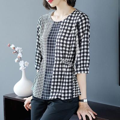 Büro Dame Stilvolles Karomuster Gespleißtes Chiffon-T-Shirt Damen 2023 Frühling Sommer Halbarm Lässig Raffung Locker O-Ausschnitt Pullover