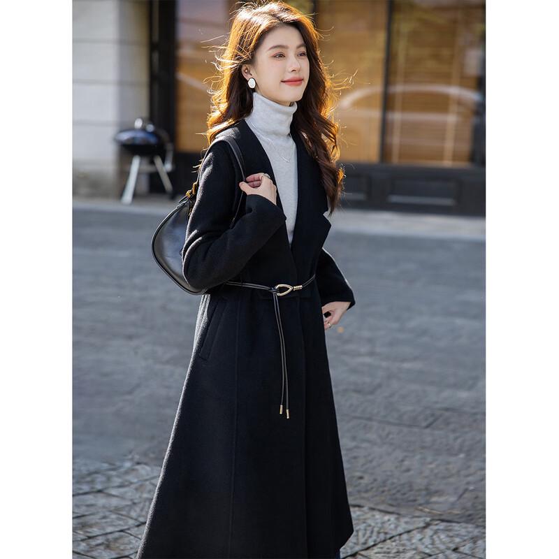 MOKANA Women's Double-Faced Wool Long Coat with Belt