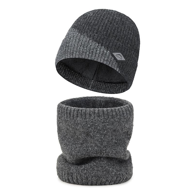 Winter Color Matching Wool Warm Thick Knitted Hat Men's Outdoor Riding Cold-Proof Ear Protection Wool Hat Two-Piece Set