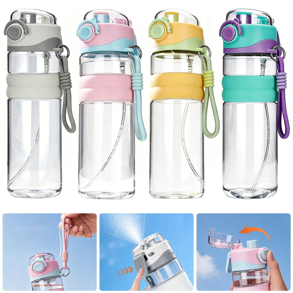 Spray Sports Water Bottle with Straw Direct Drinking Dual-Use Plastic Water Bottles for Outdoor Travel Office Walking