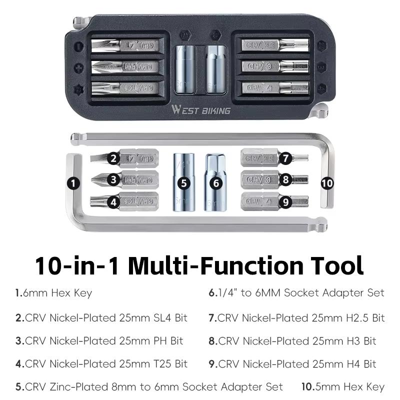 WEST BIKING 10-in-1 Multi Bicycle Tools CRV Steel Bike Repair Kit Portable Hex Wrench Screwdriver Bit Tools Cycling Accessories 10 in 1 Tools