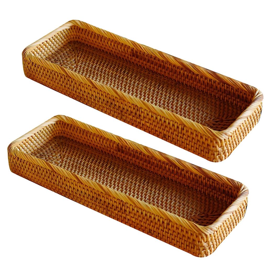 2 Pack Rattan Bathroom Vanity Tray, Handwoven Rectangular Organizer Tray, 15 x 5.1 x 2 in / 38 x 13 x 5 cm, Natural Rattan Serving Tray