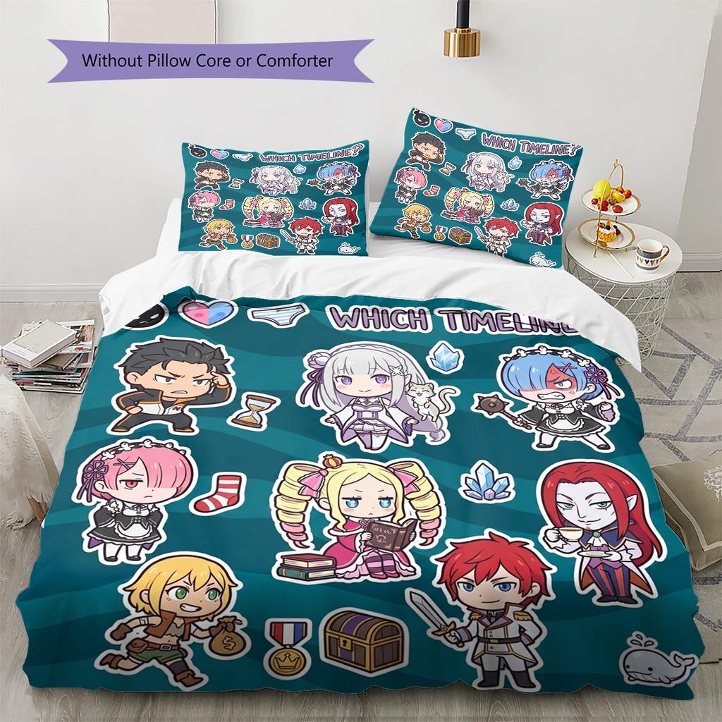 Re Zero Pattern Bedding Quilt Set Quilt Cover Pillowcase Home Birthday Gift(1 * Duvet Cover + 2 * Pillowcase, Without Core)