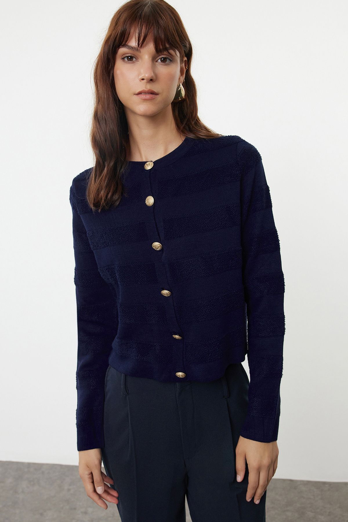 

Women s Fashionable Stylish Cardigan Navy Blue Crew Neck Jacket Look Knitwear Cardigan S