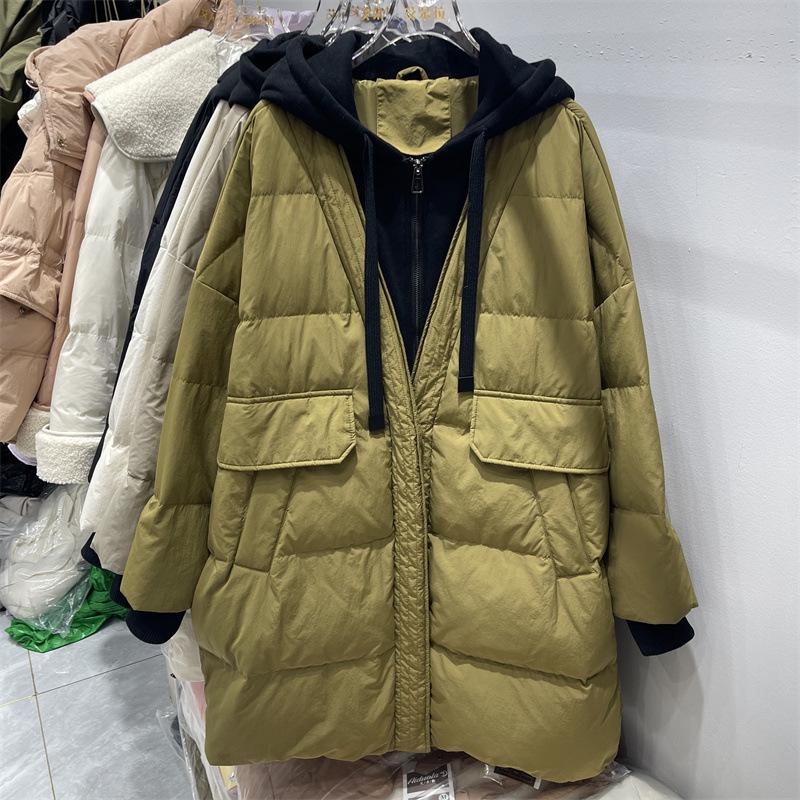 Plus Size Korean Style Loose Winter Slimming Mid-Length Down Jacket with Faux Two-Piece Hoodie
