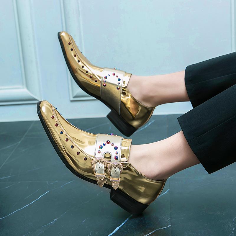 

Men Monks Gold Dance Shoes Patent Leather Wedding Dress Prom Blazers Tuxedo Party Shoes Large Size Pointed Toe EU:35