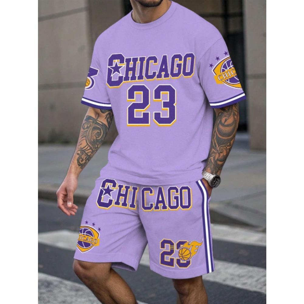 Summer Men s 3D Printed Casual Sports Loose Fashionable Comfortable Round Neck Short Sleeved Shorts Set Letter Pattern Sports Wear S
