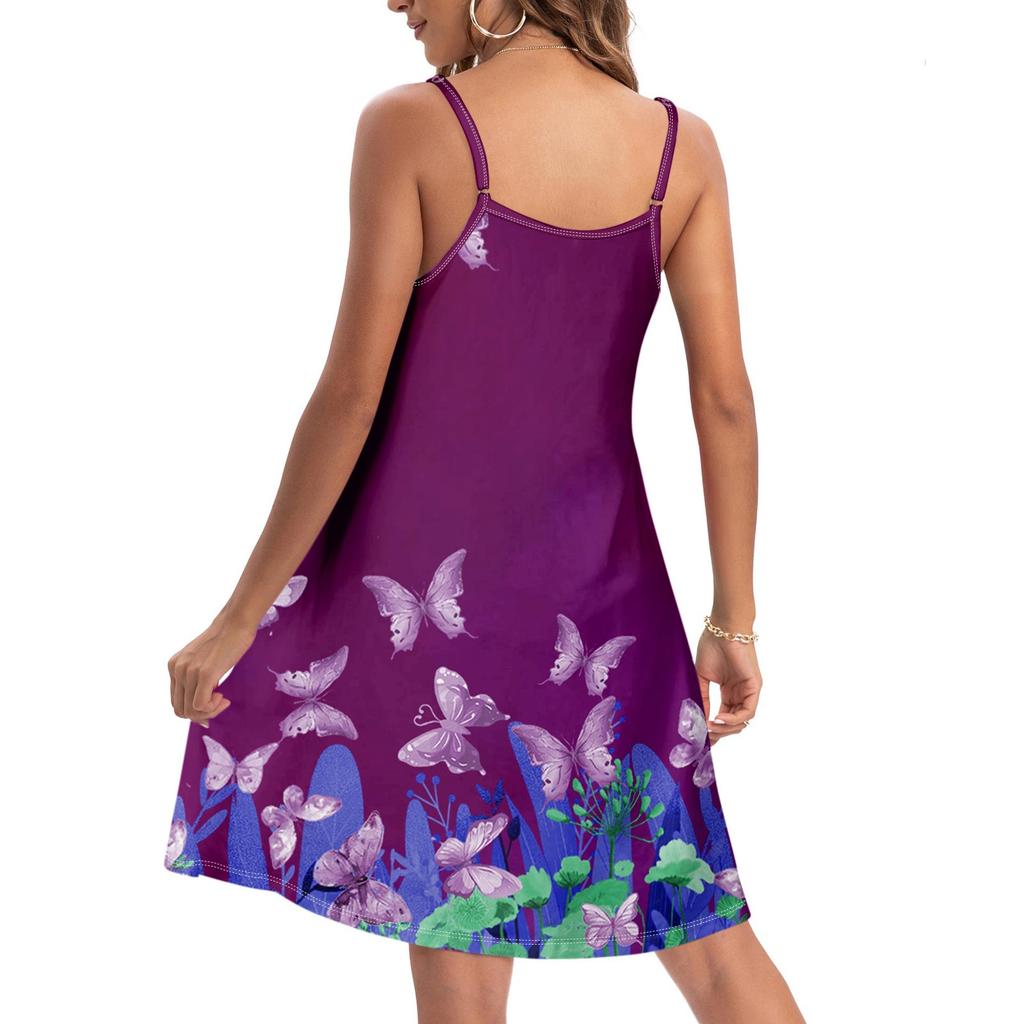 Women's Slim Fitting Dress Fashion Printed Round Neck Pocket Sling Strap Dress
