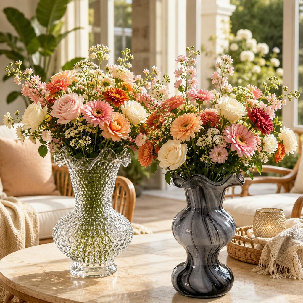Clear Hobnail Glass Flower Vase with Ruffled Rim, Handmade Bubble Texture Vase for Home Decor