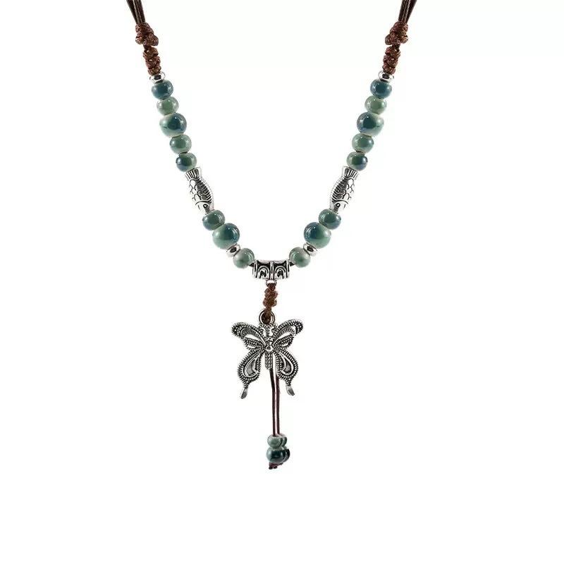 Bohemian Ceramic Beaded Butterfly Necklace Women's Retro Ethnic Style Woven Rope Collarbone Chain Antique Hanfu Accessories