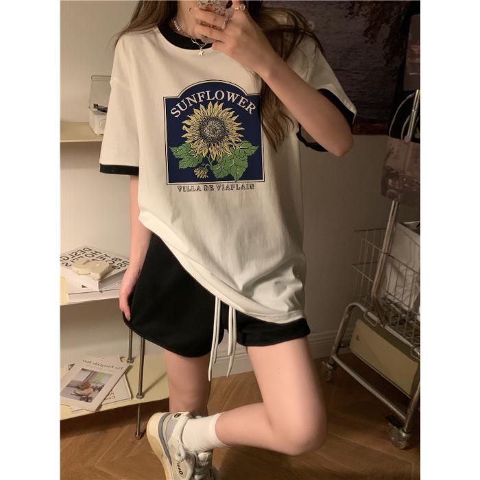 

Pure cotton women s clothing crew neck letter printing short-sleeved t-shirt summer 2025 design sense niche loose contrasting color top tide M чёрный