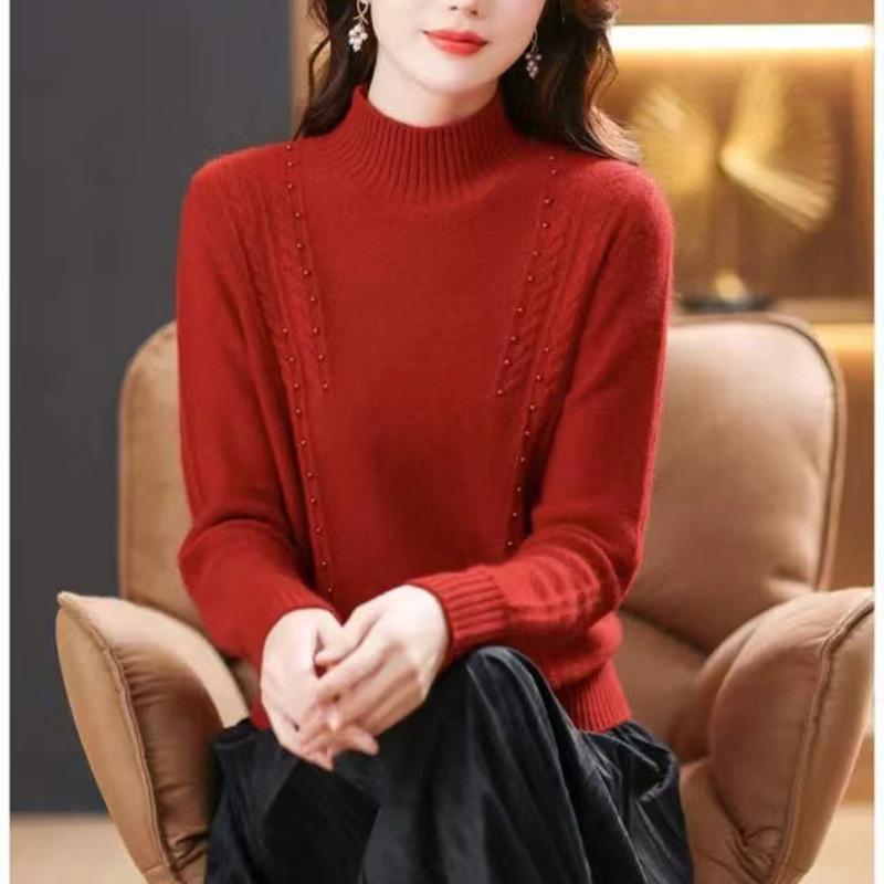 Half High Neck Sweater for Women Pullover Sweater Autumn and Winter Long Sleeved Knit Sweater for Women