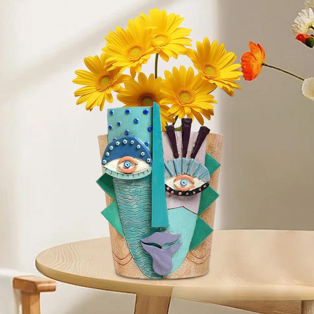 Picasso's Abstract Art Resin Flower Pot Colorful Graffiti Face Sculpture Garden Courtyard Decoration Succulent Plant Container