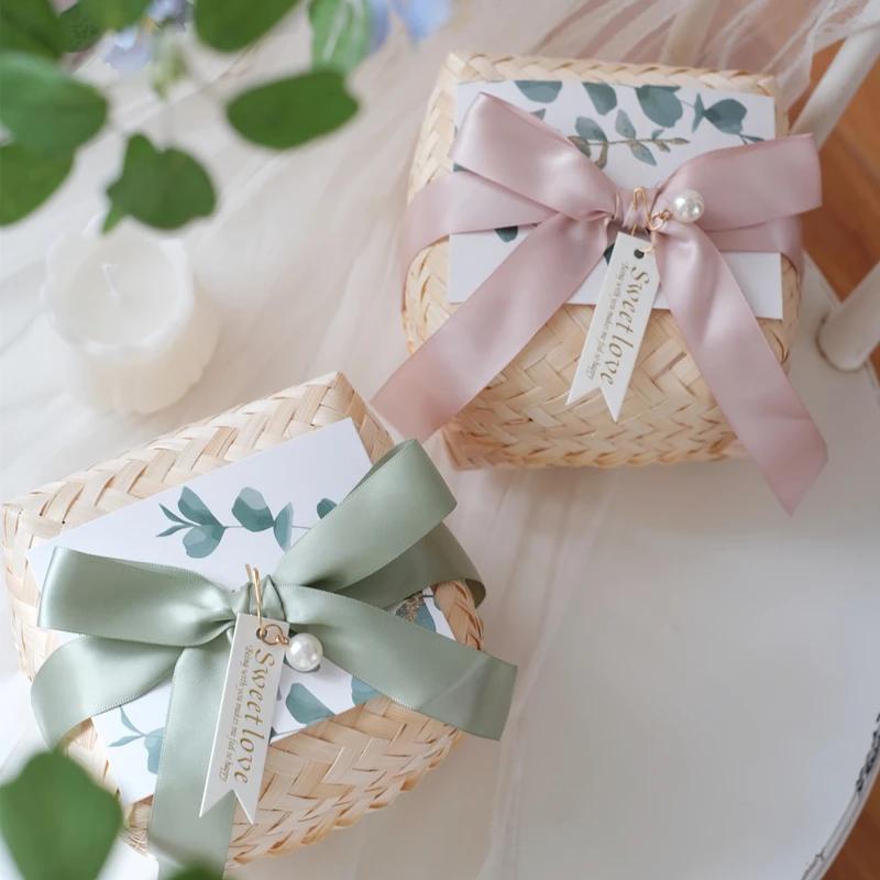 Handmade Bamboo Weaving Gift Box Bridesmaid Wedding Candy Packaging Baby Shower Favors Party Supplies Wholesale