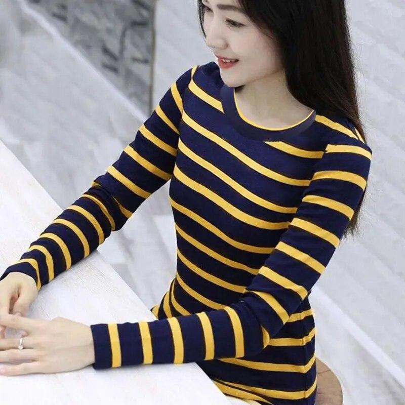 Long Sleeved T-shirt Women's Spring Sutumn New Striped Shirt Korean Loose Versatile Round Neck Bottoming Blouse M-5XL