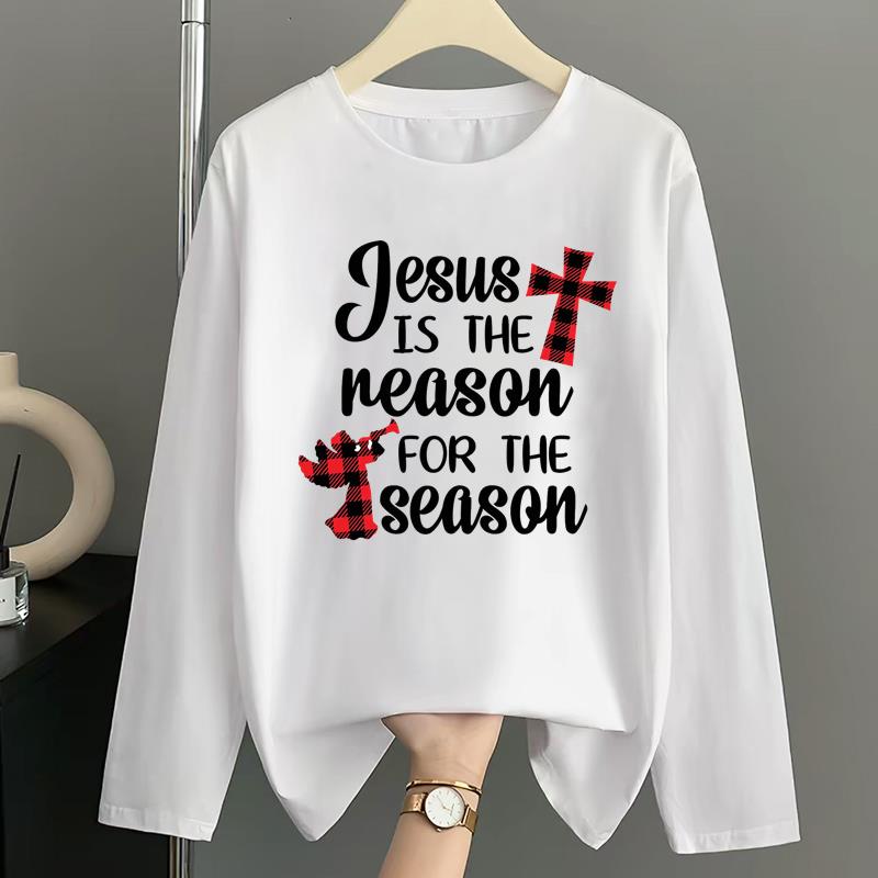 (Asian Size) Lovely Letter Merry Christmas New Year Graphic Tee Women Casual Fashion Top O-neck Clothing Print T Shirt Long Sleeve T-shirts