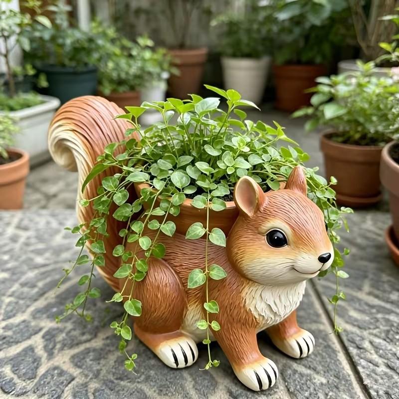 Cartoon Squirrel Resin Flower Pot Desktop Green Plant Decor Ornament