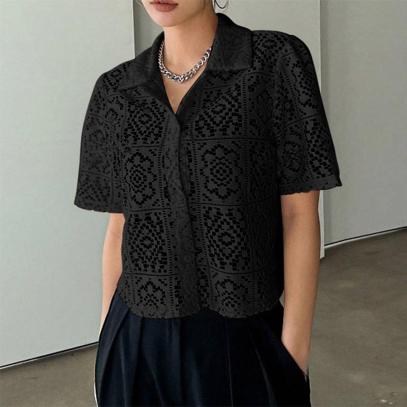 

ZANZEA Женская летняя повседневная блузка с коротким рукавом с ажурным узором 2XL чёрный