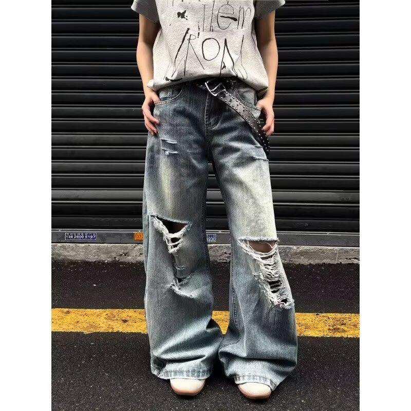 New American high street washing water, old ripped jeans, men's and women's trendy brand loose scimitar pants