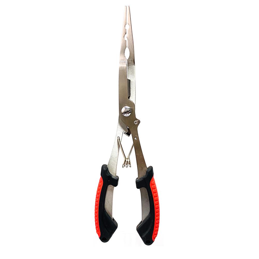Long Nose Multifunctional Fishing Pliers: Lure, Fish Mouth Clamp, Hammer, Line Cutter, and Hook Control Tool.