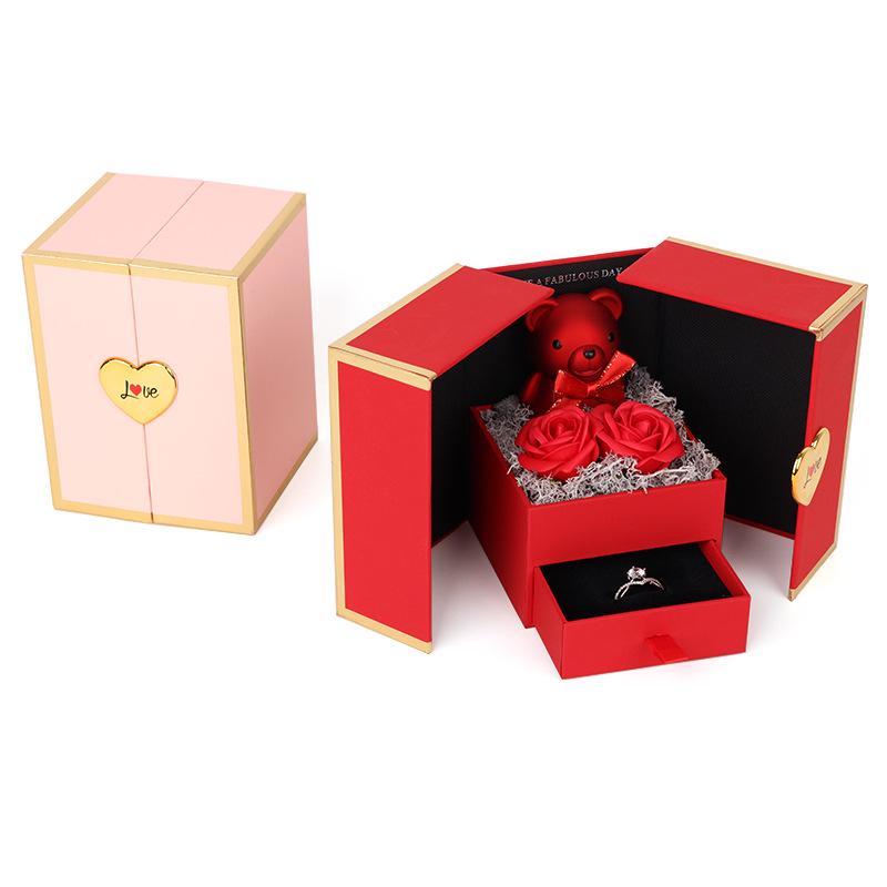 Caixa de Presente Ursinho Porta Dupla: Rosa Preservada e Gaveta de Joias para Aniversários e Dia dos Namorados