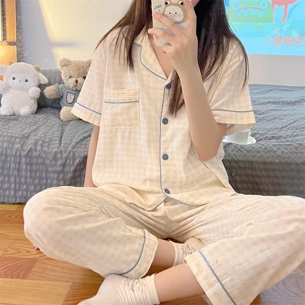Summer Imitation Cotton Pajamas Women's Korean Simple Striped Women's Cardigan Short-sleeved Plus Size Casual Loungewear Set