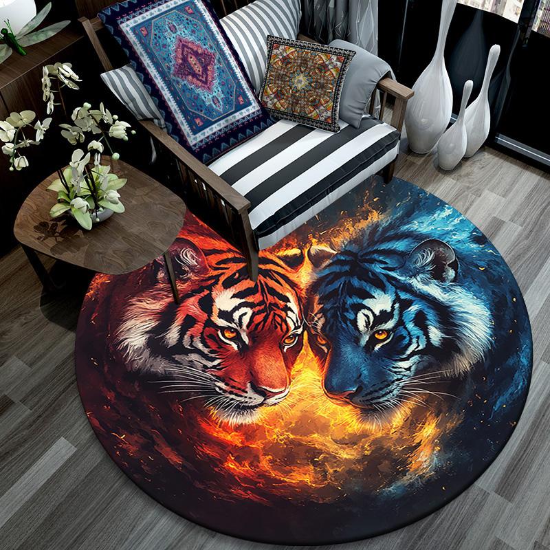 Yin Yang Tigers Round Area Rug,Carpet Rug for Living Room Bedroom Sofa Playroom Decor,Non-slip Floor Mat