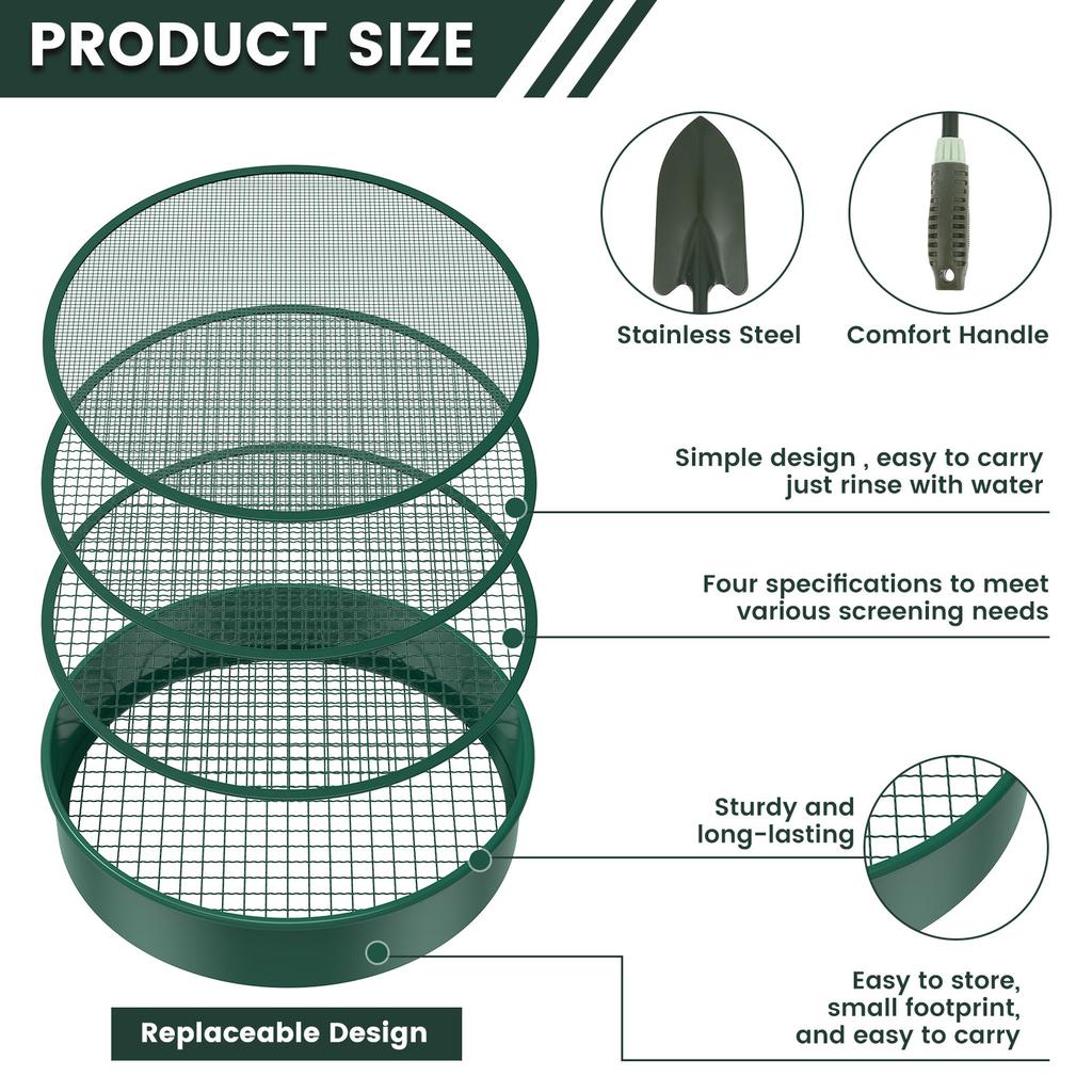 Soil Sifter 11.8inch Portable Metal Garden Sieve with 4 Interchangeable Filter Mesh Sizes 3/6/9/12mm Multifunctional Dirt Sifter
