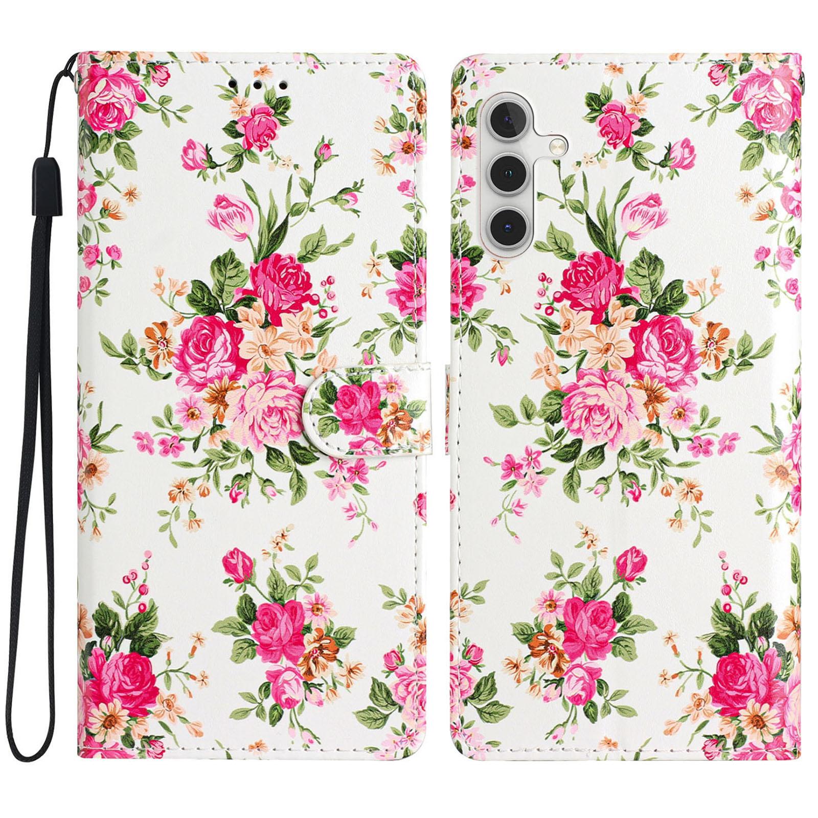 

For Samsung Galaxy M36 5G Wallet Case PU Leather Pattern Printing Stand Phone Cover with Strap Red Flowers
