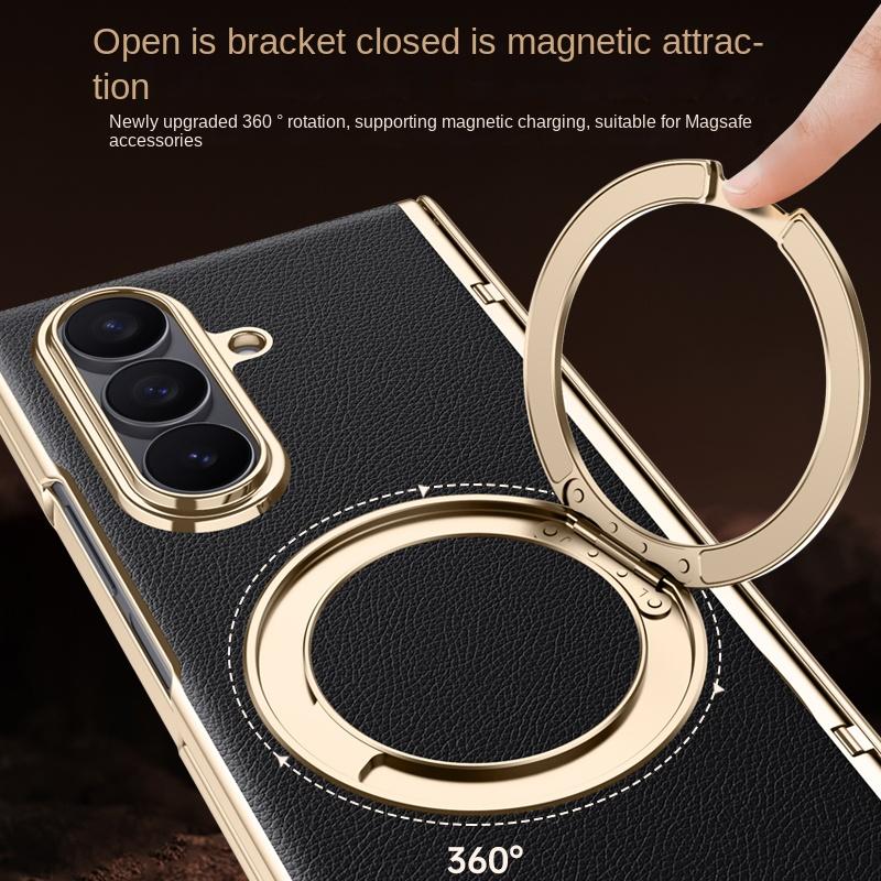 For Samsung Galaxy Z Fold 7  Leather 360° Swivel Bracket Magnetic Tempered Glass Front Membrane Anti-Drop Fingerprint Phone Case