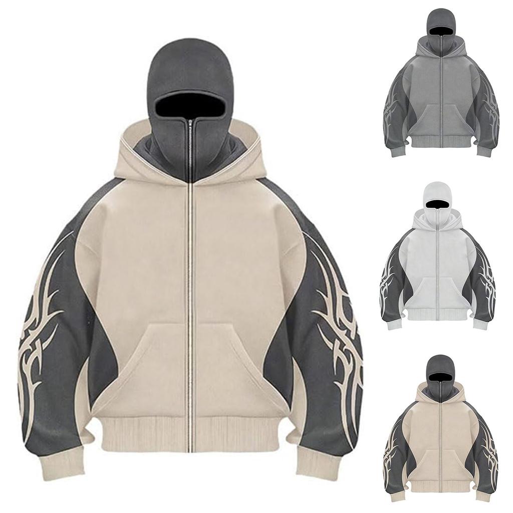 Men's Double Hood Colorblock Loose Trendy Hood Cardigan Zipper Hoodie