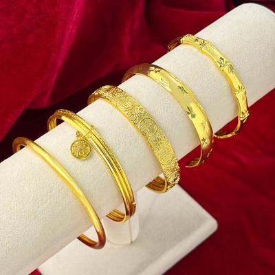 Chinese Style Retro Gold Minimalist Ring Bracelet, National Style Temperament Sansheng Sanshi Fu Character Open Bracelet Women