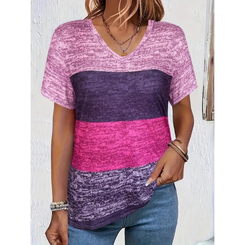 V-neck T-shirt women's short-sleeved summer fashion trend short-sleeved tops stripes versatile Oversize loose ladies clothing