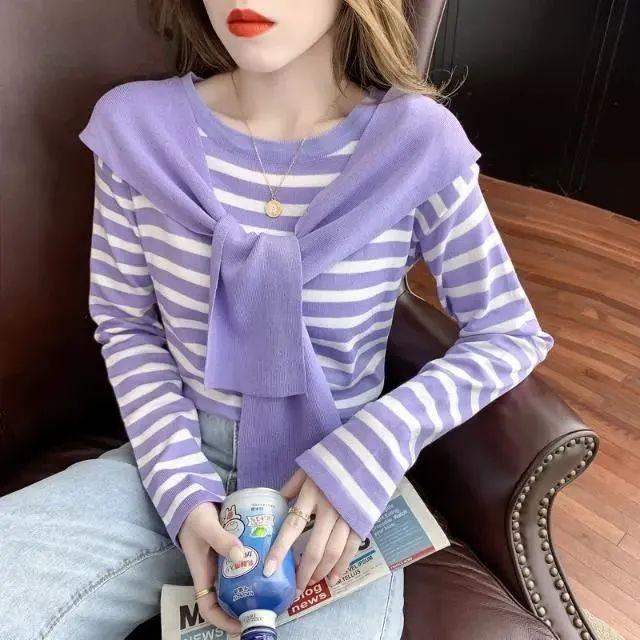 

Осенний двухпредметный образ Полосатый вязаный свитер для женщин M (recommended 96-105 jin)