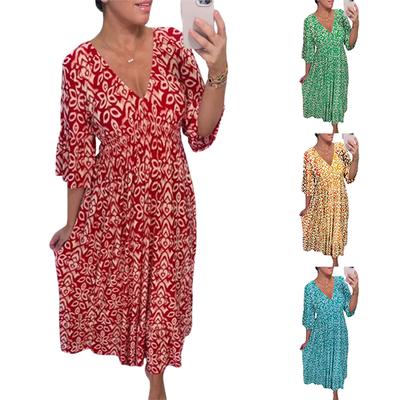 Women's Summer Bohemian Long Dress V-Neck Half Sleeve A Line Dresses Loose Floral Printed Sundress