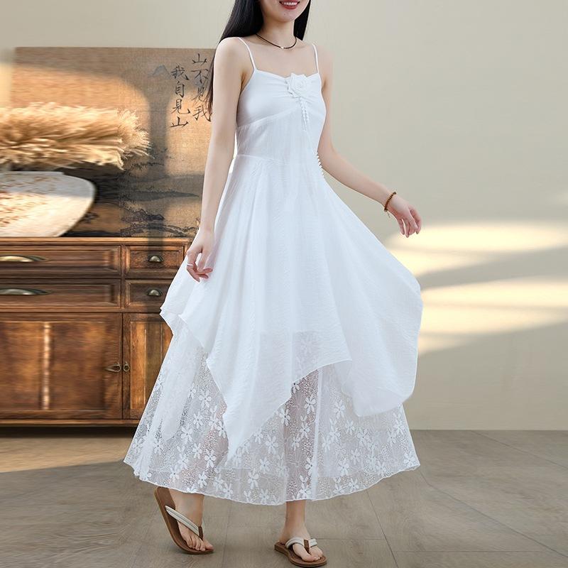 

2025 лето новое однотонное платье-труба топ женское пляжный стиль отпуск модный темперамент нерегулярная юбка на подтяжках M белый