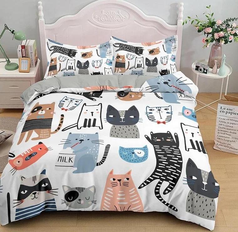 Cartoon Cute Cat Down Duvet Cover 3 Piece Set Single-Sided Printing Bedding Set Comfortable Quilt Cover With 2 Pillowcases