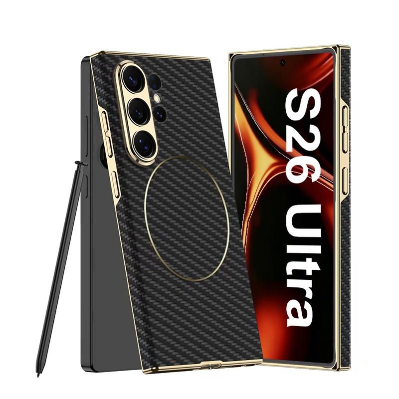 Magnetic Wireless Charging Case Galaxy S26 Ultra S25 Curved PU Leather With Nickel Ring Anti-Slip Shockproof PC