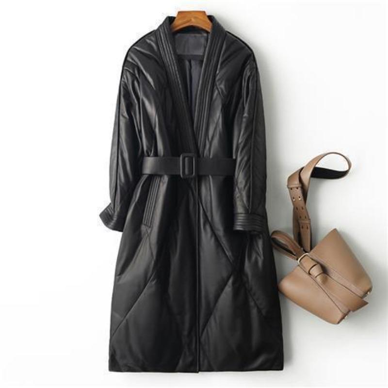 

Кожаная куртка новая осень и зима кожаная пуховая хлопковая куртка женская средней длины куртка с поясом хлопковая куртка M 95-52.5 kg чёрный