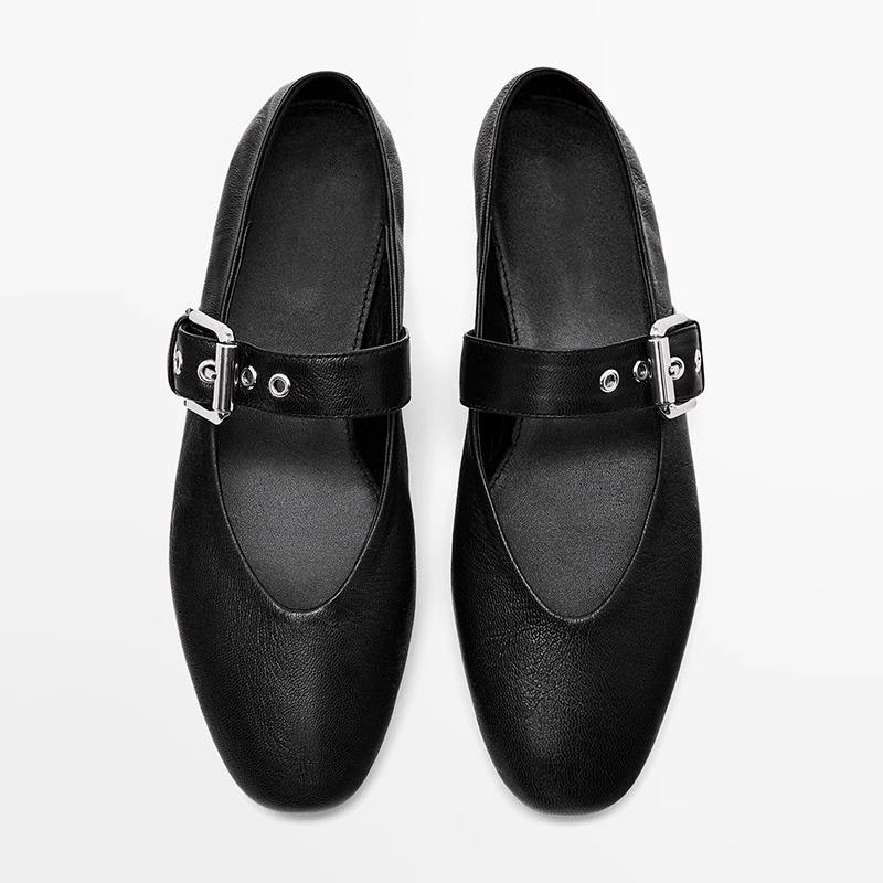 Sheepskin Version~ French Niche Mary Jane Shoes Women's Leather One-word Buckle Black Small Leather Shoes Flat Ballet Shoes