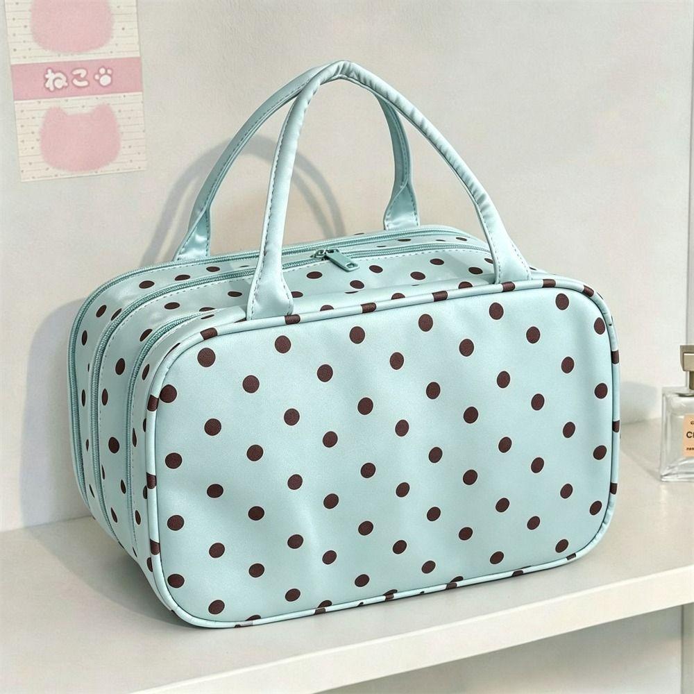 Polka Dot Pu Cosmetic Bag Three Layer Partition Toiletry Organizer Bag Travel Tote  Business