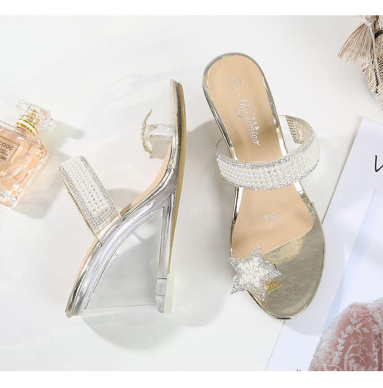 Pearl Clip Foot Slope Heel Dámské Léto Nové Sexy Crystal Transparentní Vysoké podpatky Skleněné drahokamy 1098 Series 6cm LFD