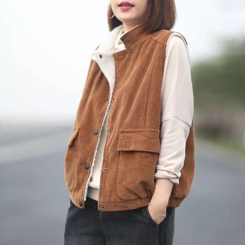 Vintage Corduroy Vest Women's Flocked Lapel Vest Plush Thick Vest Sleeveless Jacket Women's Fleece Vest