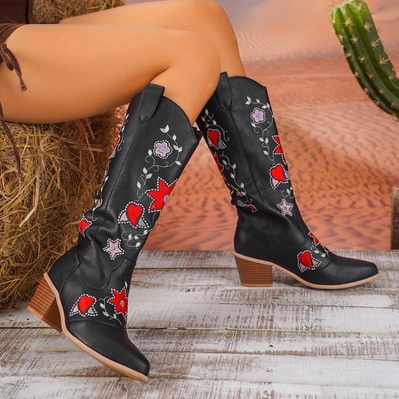 Autumn new European and American style mid-heel embroidered high boots women's large size embroidered thick heel leather knight cowboy boots