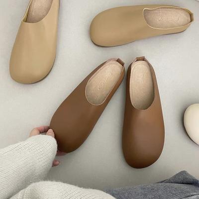 Mode Dames Muiltjes 2025 Zomer Elegant Ronde Neus Platte Slippers Damesschoenen Vrouwen Casual Leer Zachtzool Schuifmuilen 1544